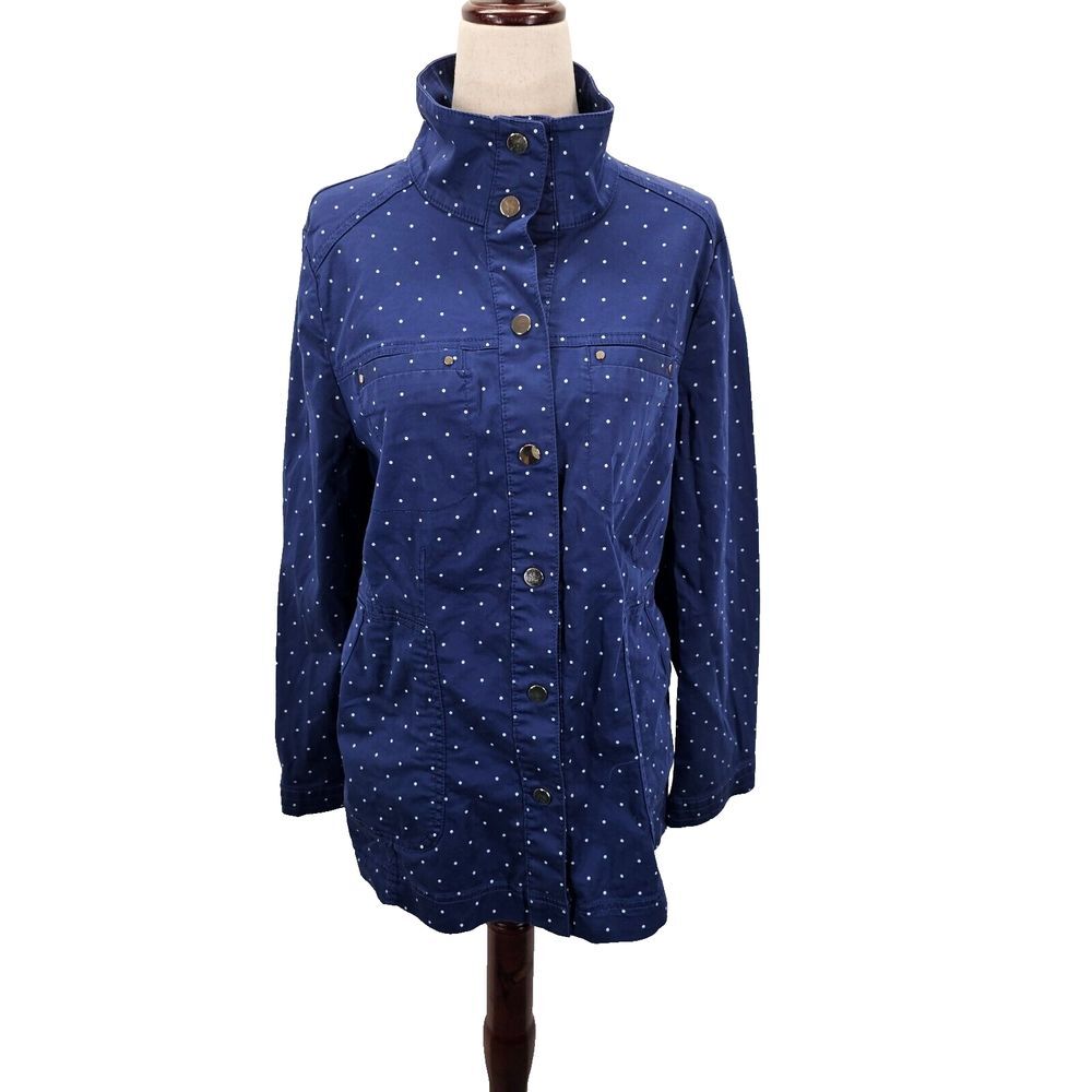 CHICO'S Jacket Womens Size 0 US 4 / 6 Blue White Polka Dot Snap‎ Button Coat EUC